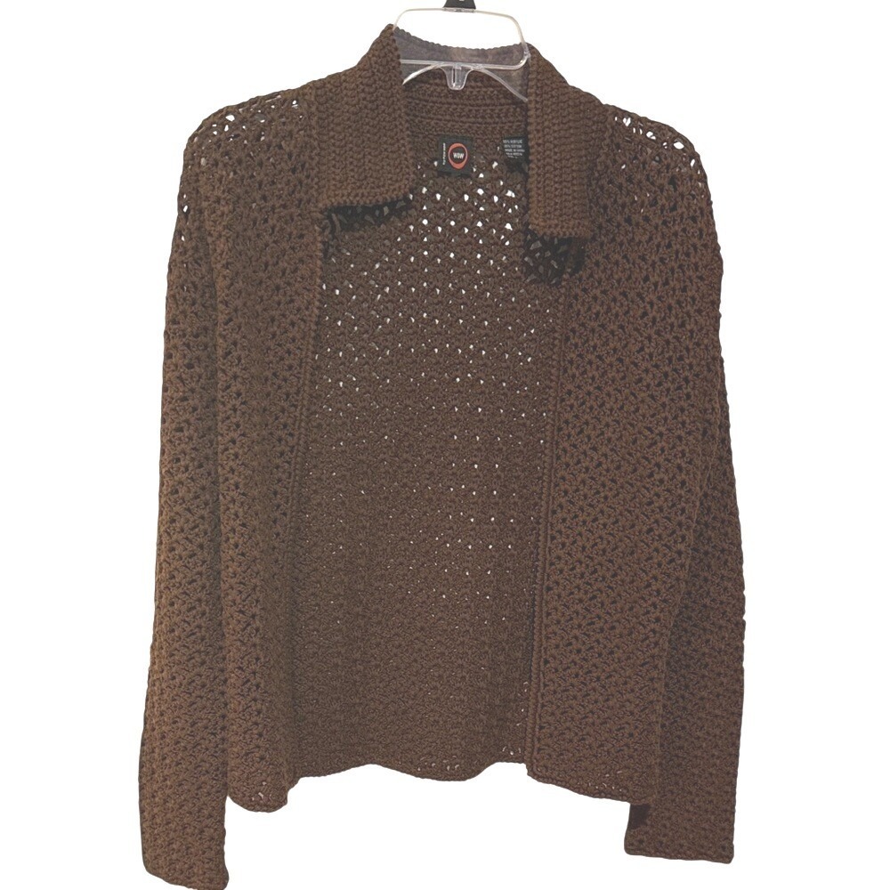WOW Cardigan Womens L Brown Open Front Crochet Knit Collared‎ Boho